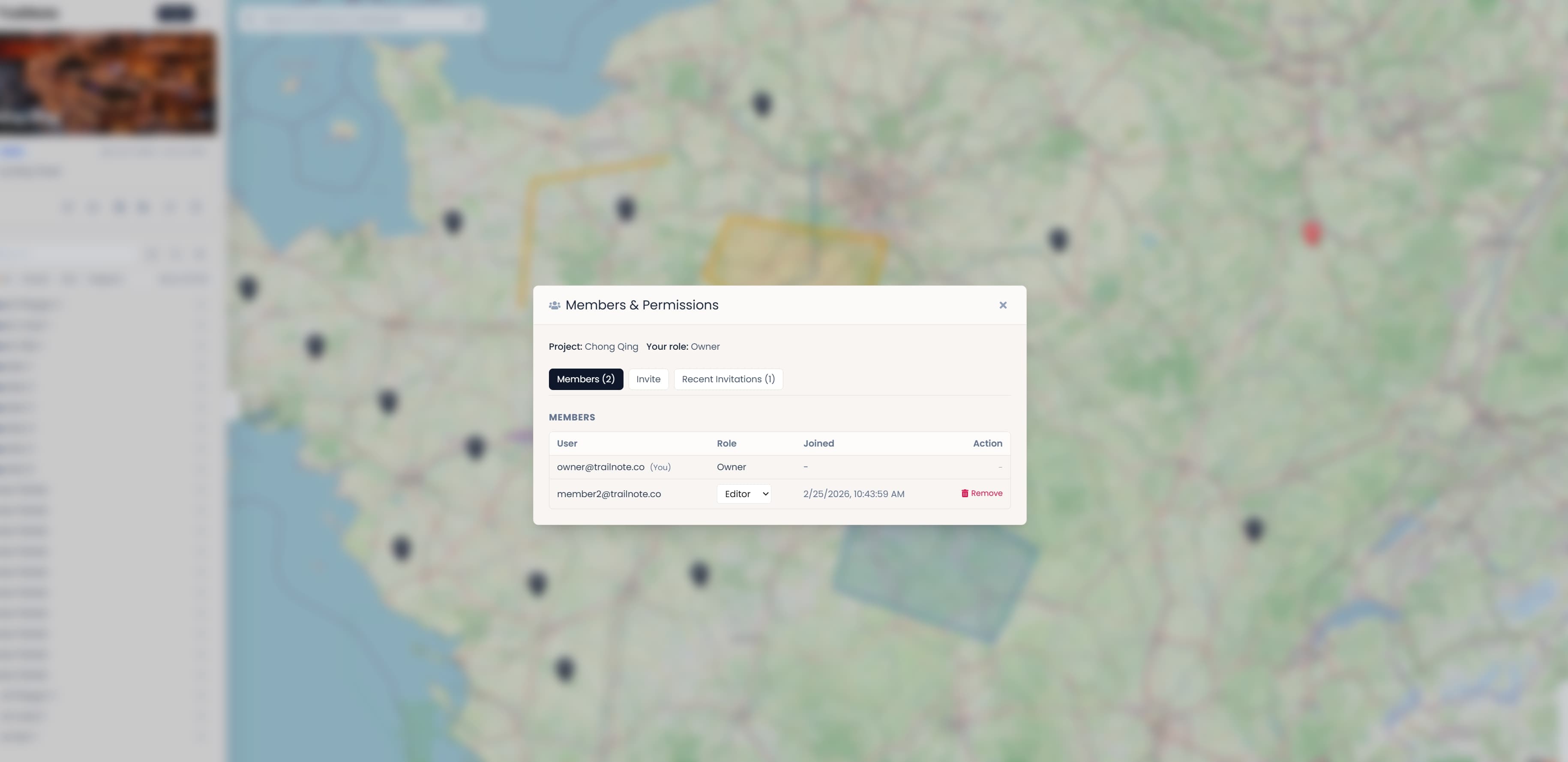 TrailNote members and permissions panel